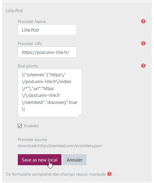 oEmbed filter configuration