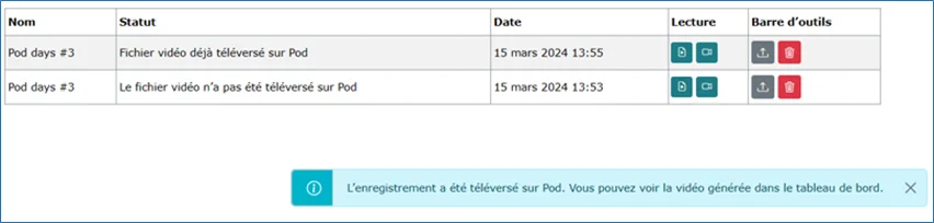 Téléversement sur Pod