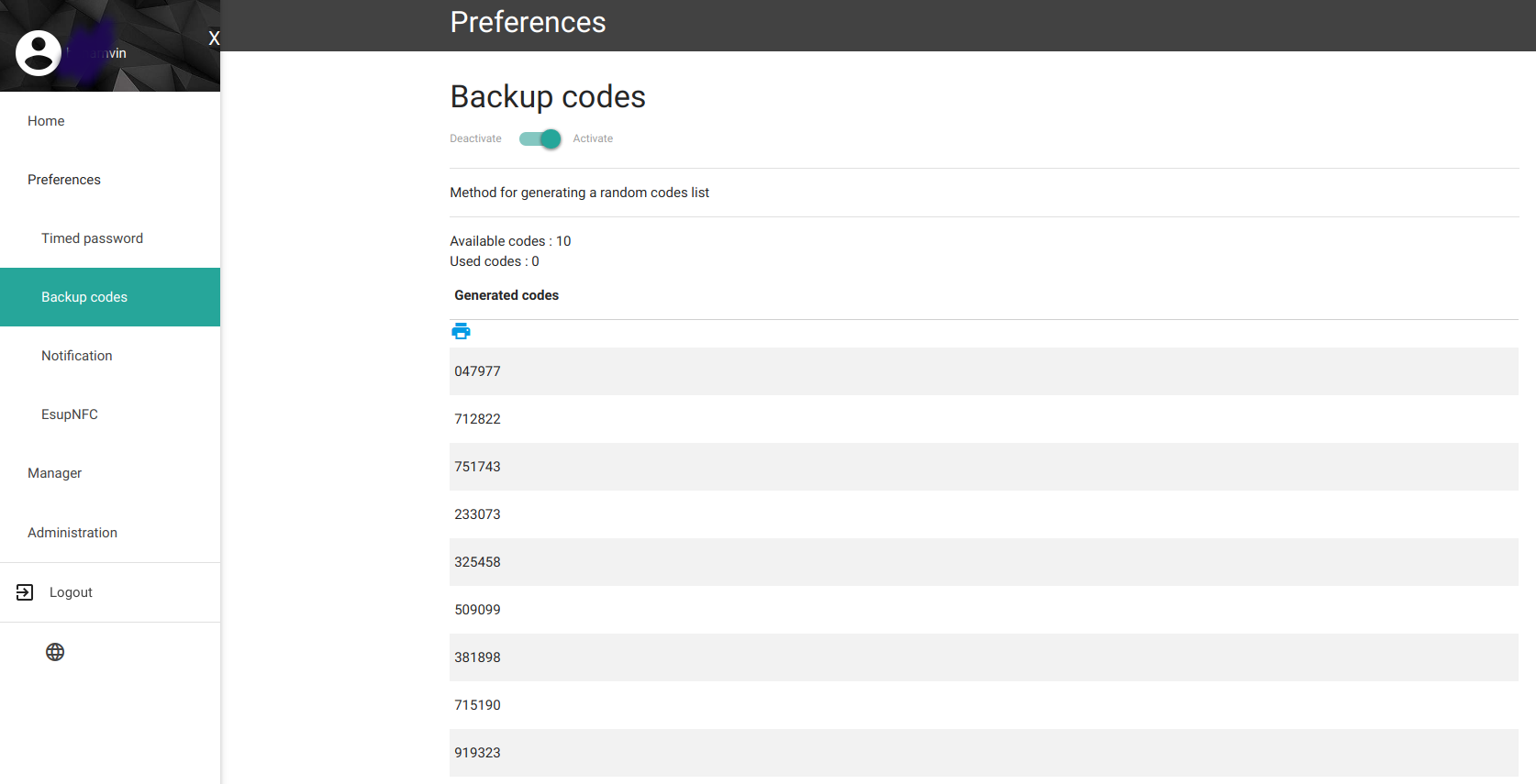 ESUP-OTP backup codes